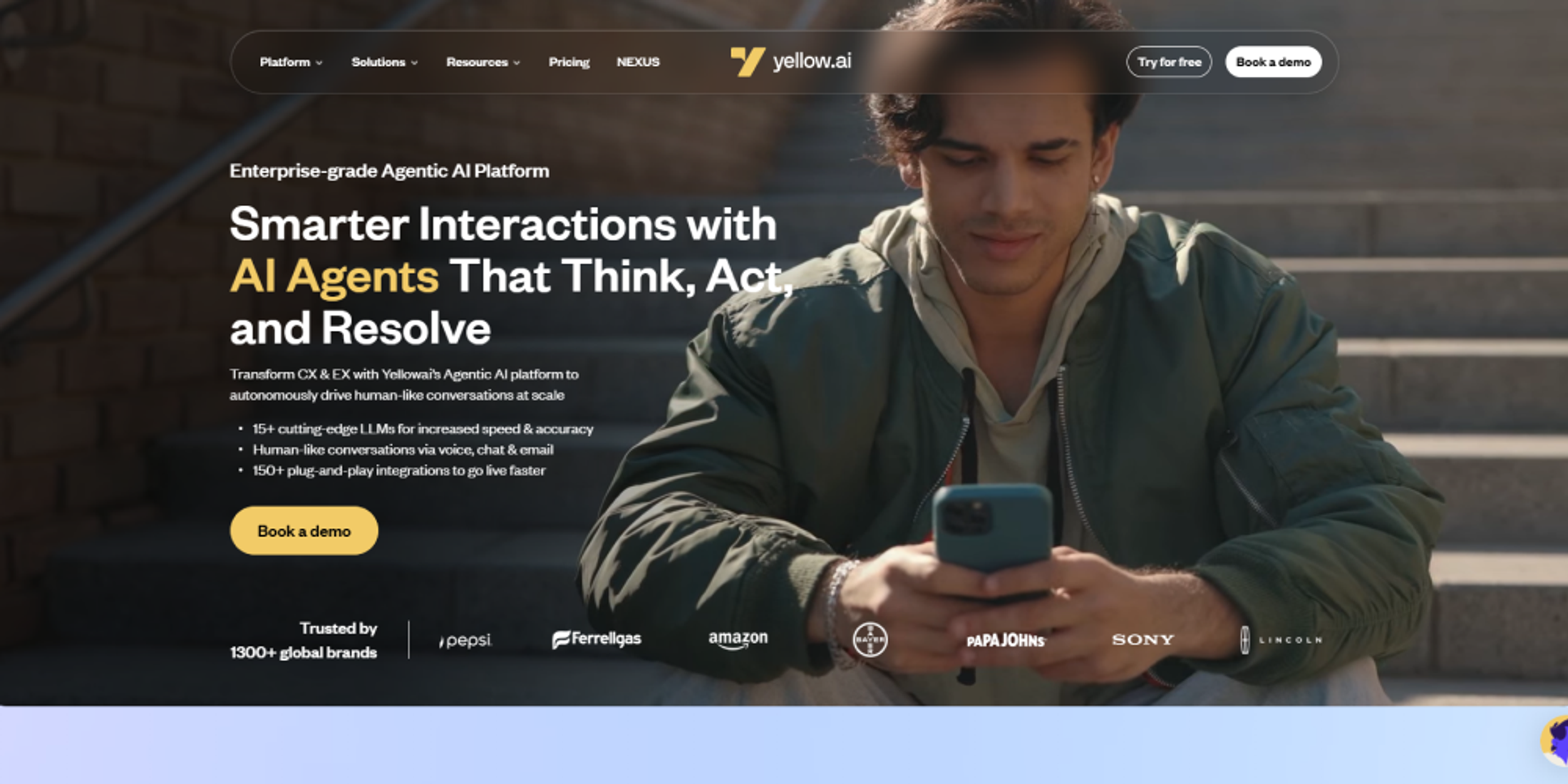 Screenshot of Yellow.ai’s website used in a conversational AI platform comparison, showing its agentic AI platform for customer and employee experience automation.