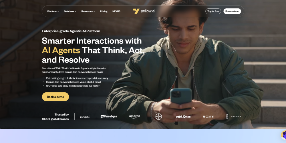 Screenshot of Yellow.ai’s website used in a conversational AI platform comparison, showing its agentic AI platform for customer and employee experience automation.