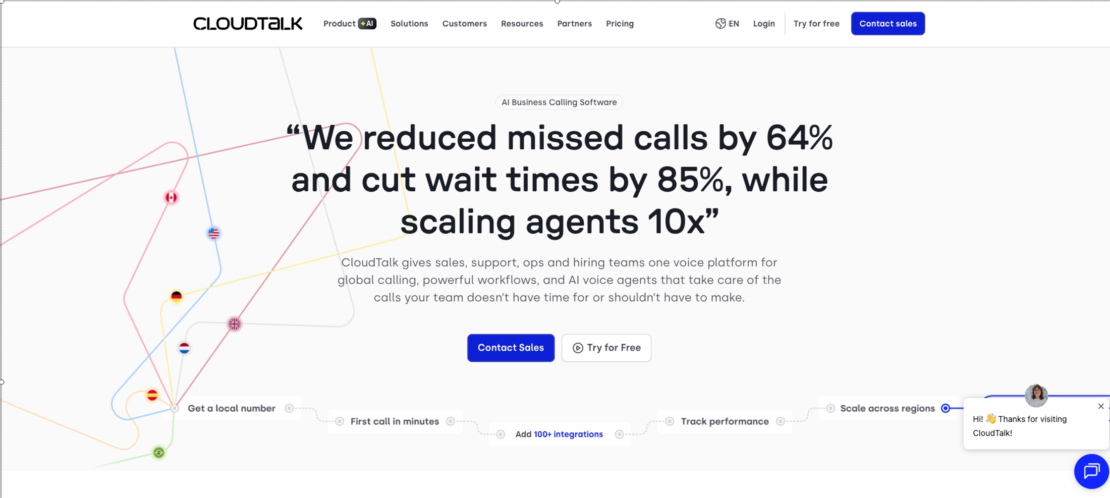 CloudTalk’s website used in an AI voice agents for lead generation comparison, showing AI business calling software and outbound sales engagement capabilities.