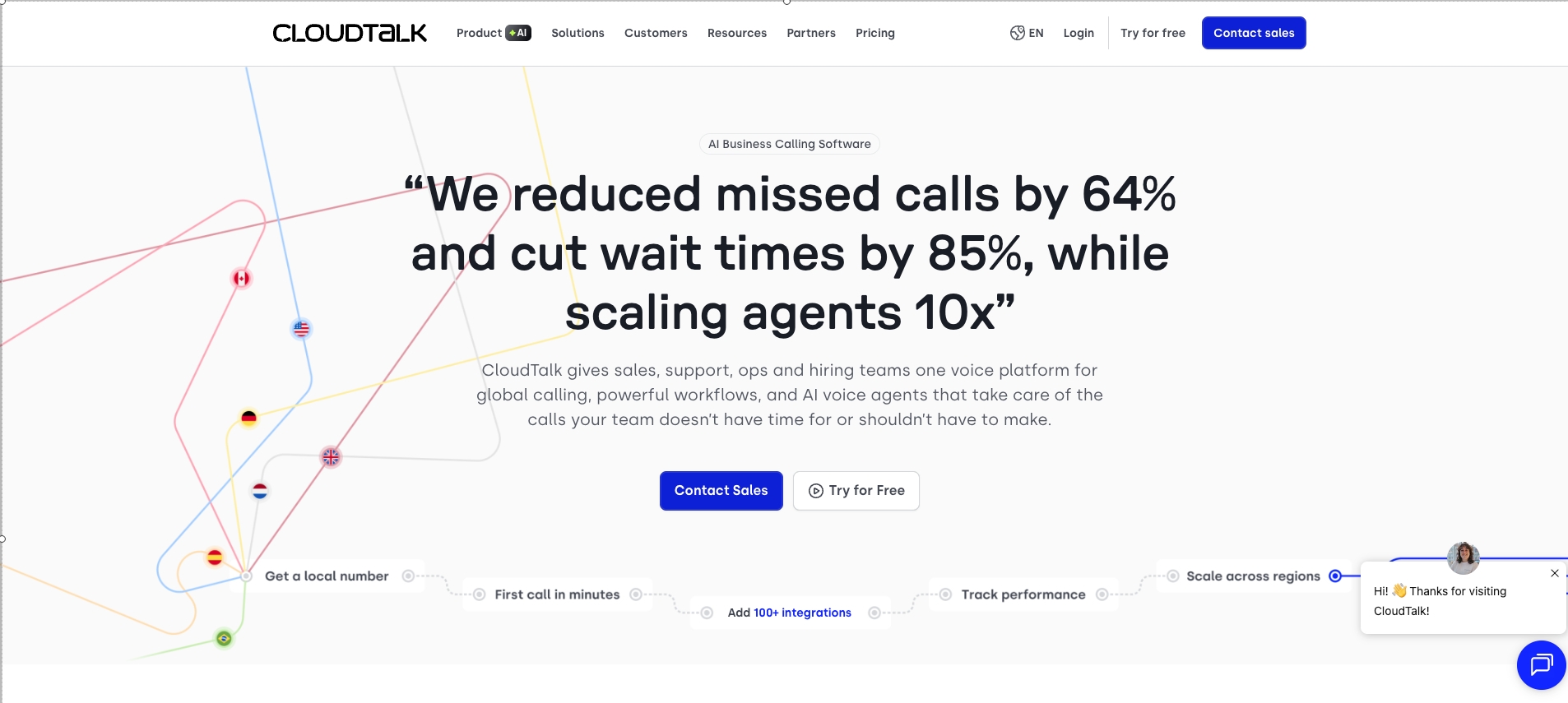 CloudTalk’s website used in an AI voice agents for lead generation comparison, showing AI business calling software and outbound sales engagement capabilities.