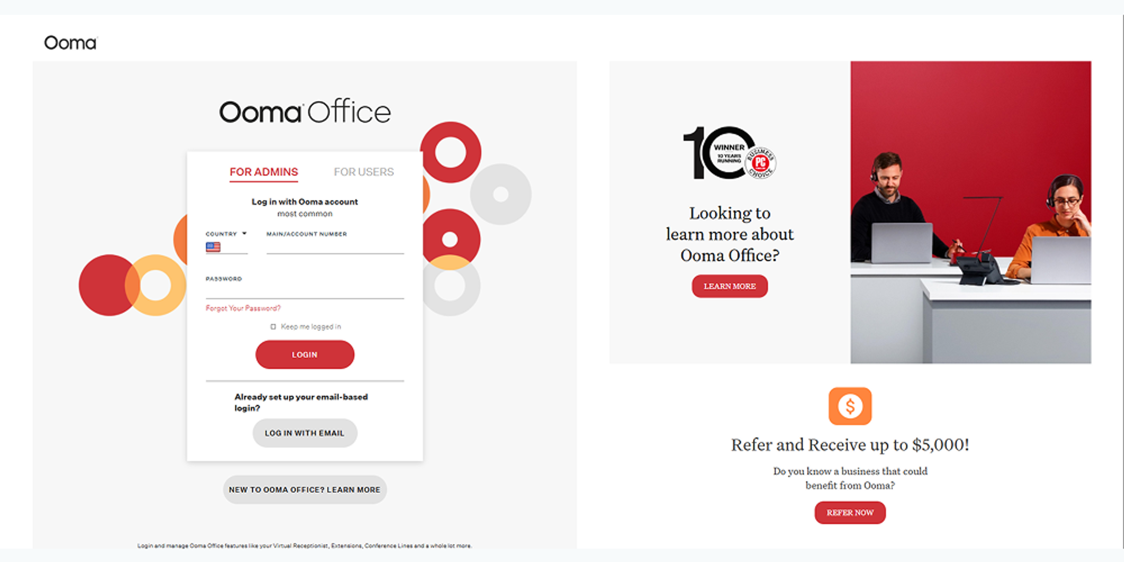 Ooma Office page showing admin login panel, product learning CTA, referral offer, and business phone system account access.