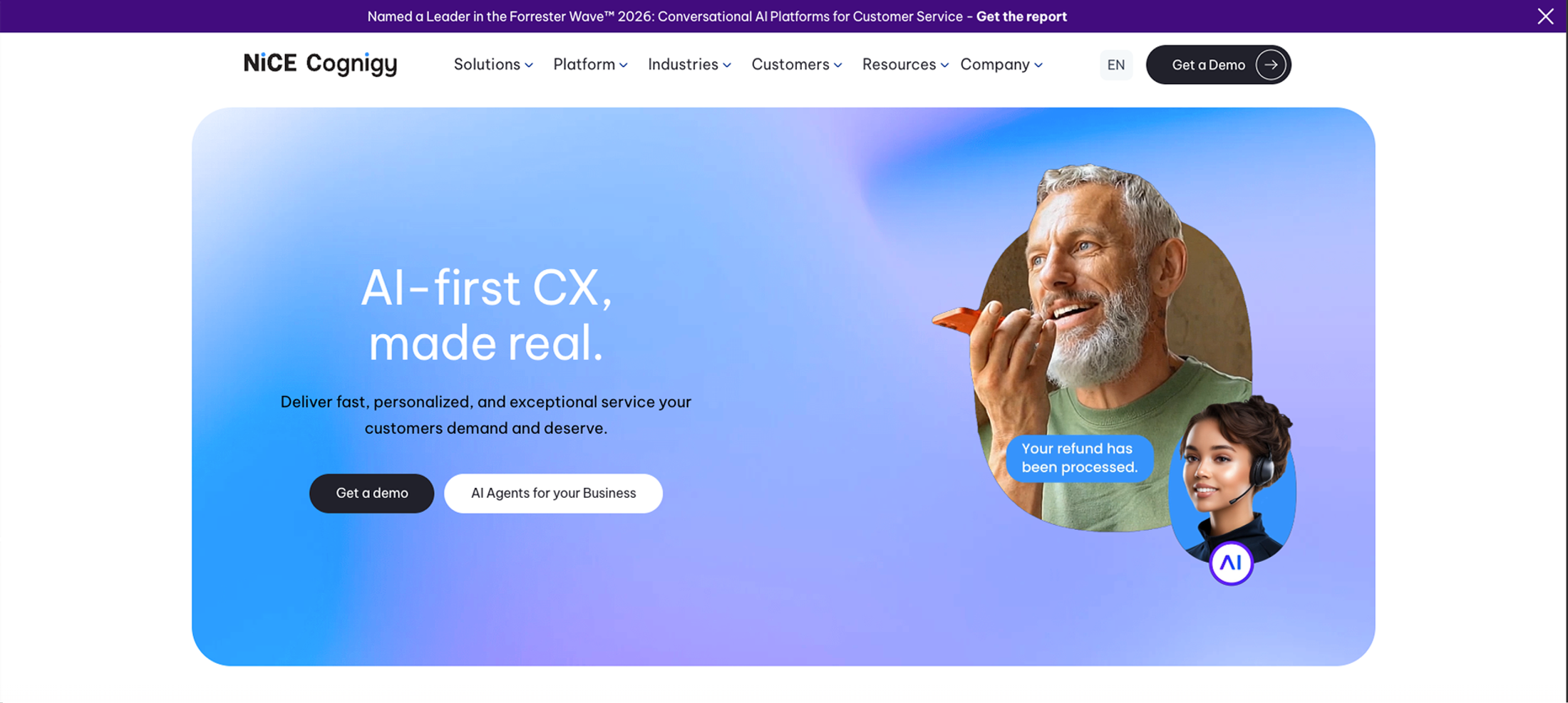 Cognigy.AI customer experience automation platform showing AI-first CX, personalized service delivery, automated support conversations, and voice AI assistance.