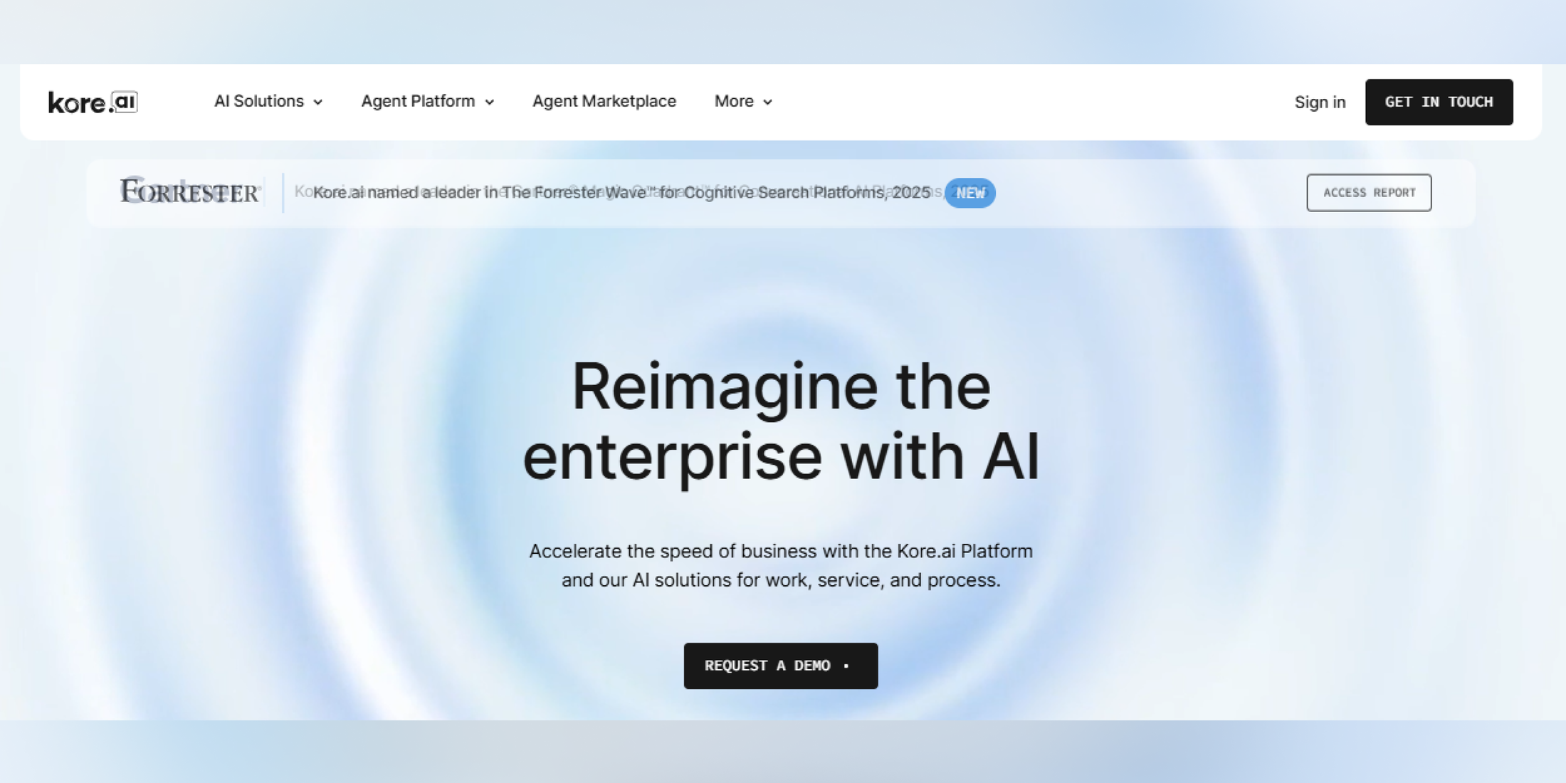 Kore.ai enterprise AI platform homepage promoting AI-powered business transformation, conversational AI, and workflow automation.