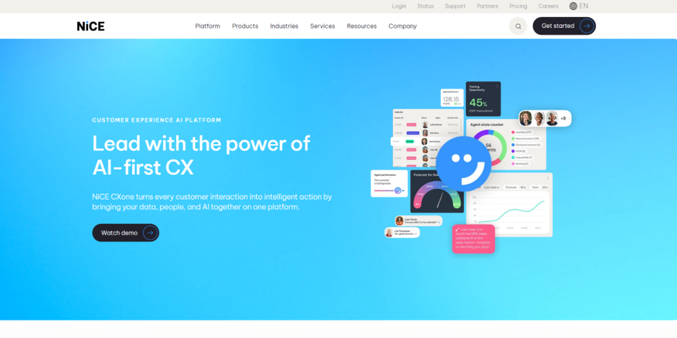 NICE CXone homepage highlighting an AI-first customer experience platform with analytics, workforce insights, and automation.