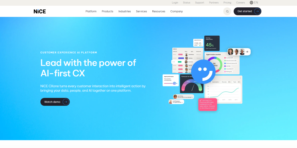 NICE CXone homepage highlighting an AI-first customer experience platform with analytics, workforce insights, and automation.