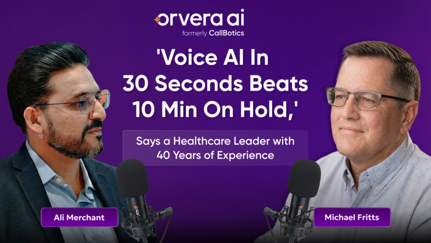 Podcast-style video thumbnail on a deep purple gradient background featuring Ali Merchant on the left and Michael Fritts on the right, both shown from the chest up and facing each other across studio microphones. The CallBotics logo appears at the top center. Large white headline text in the middle reads, “Voice AI in 30 Seconds Beats 10 Min on Hold,” followed by a secondary line, “Says a Healthcare Leader with 40 Years of Experience.” Purple name labels identify Ali Merchant and Michael Fritts at the bottom.