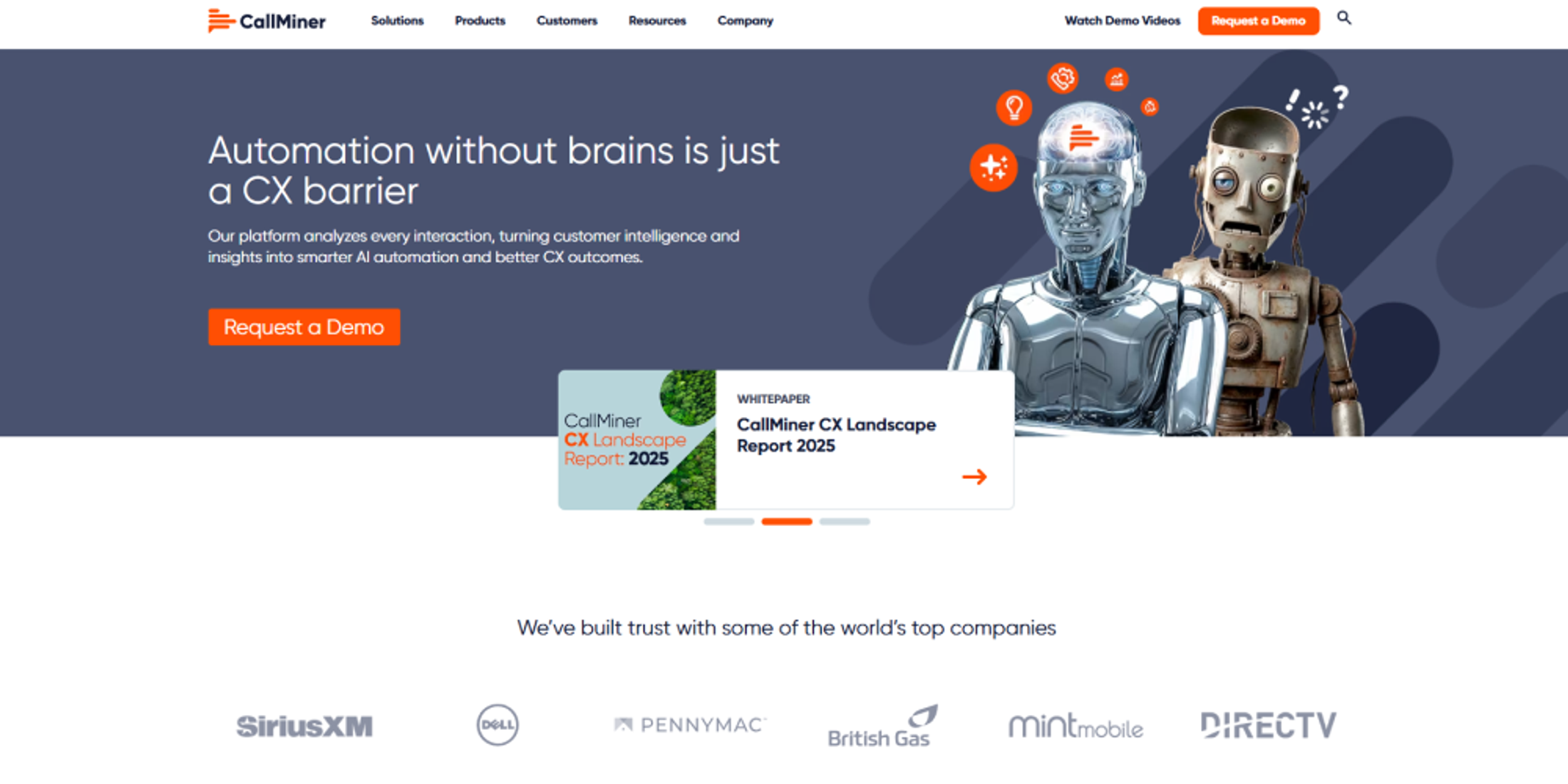 CallMiner homepage promoting conversation intelligence and AI-driven customer insights that improve automation and CX outcomes.