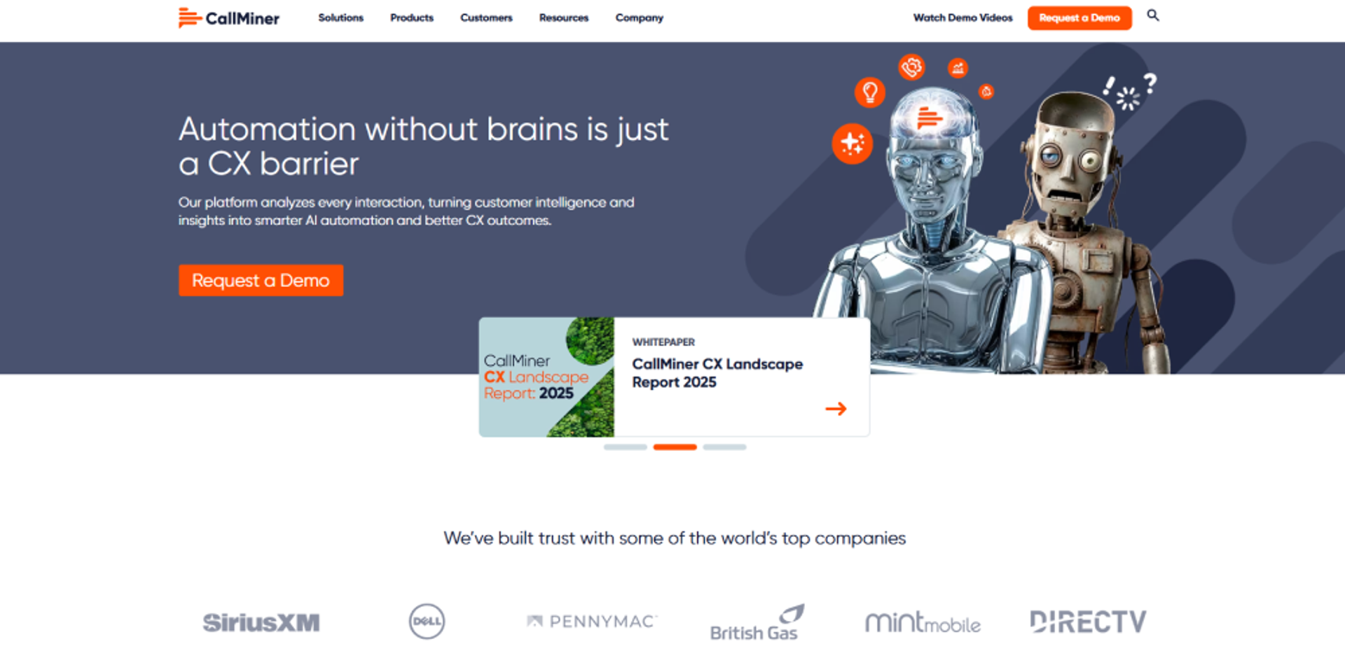 CallMiner homepage promoting conversation intelligence and AI-driven customer insights that improve automation and CX outcomes.