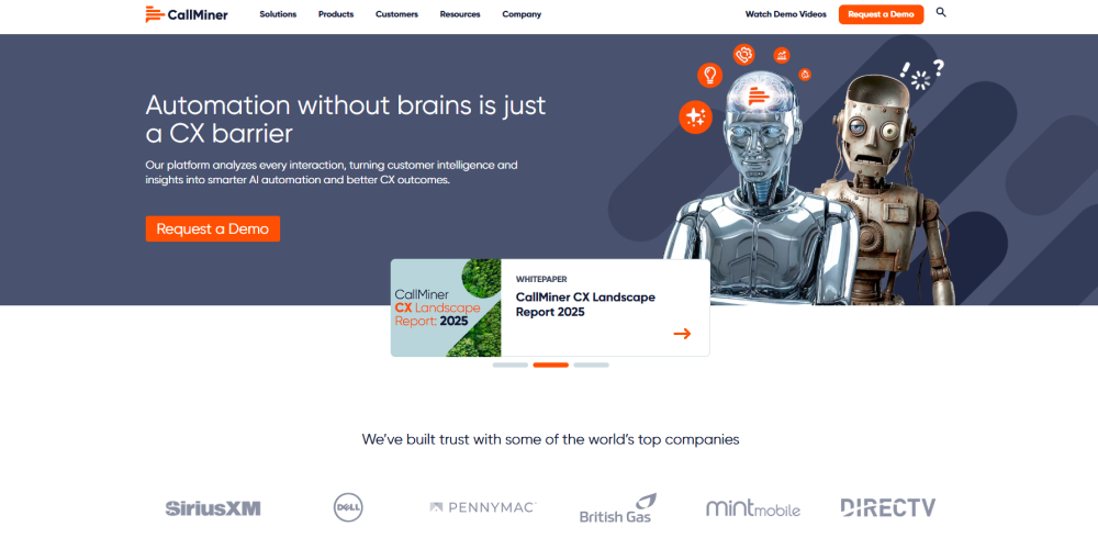 CallMiner homepage promoting conversation intelligence and AI-driven customer insights that improve automation and CX outcomes.