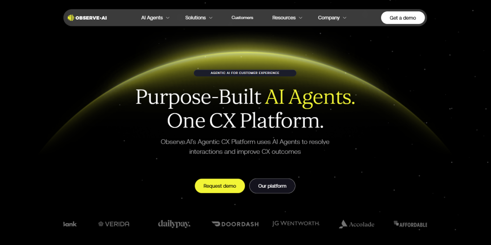 Observe.ai homepage featuring purpose-built AI agents for customer experience, unified CX operations, and enterprise automation.