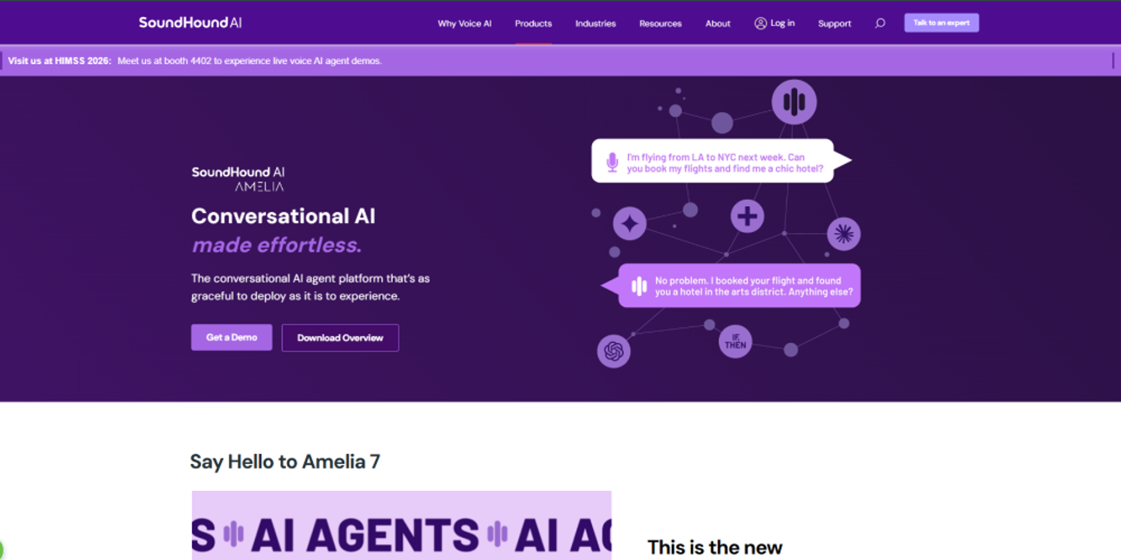 Screenshot of Amelia by SoundHound AI’s website used in a conversational AI platform comparison, showing conversational AI and voice automation capabilities for enterprise service operations.