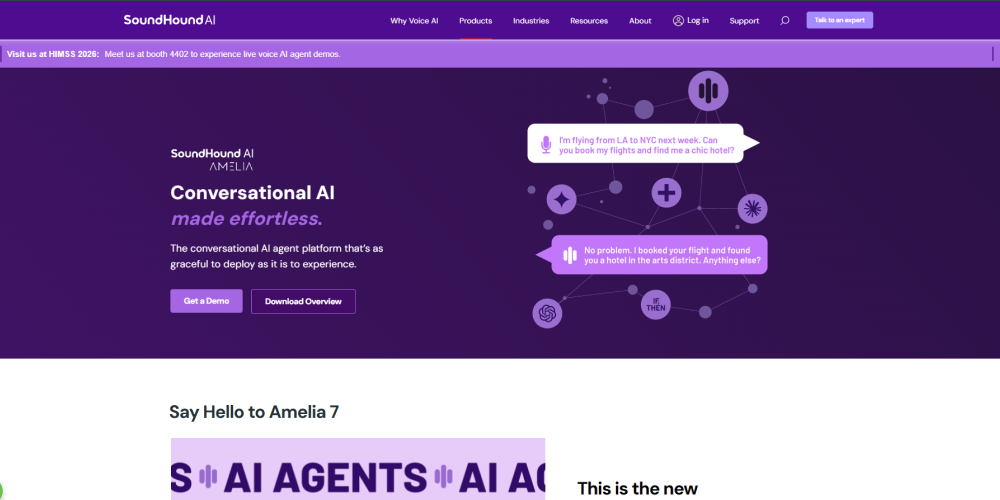 Screenshot of Amelia by SoundHound AI’s website used in a conversational AI platform comparison, showing conversational AI and voice automation capabilities for enterprise service operations.