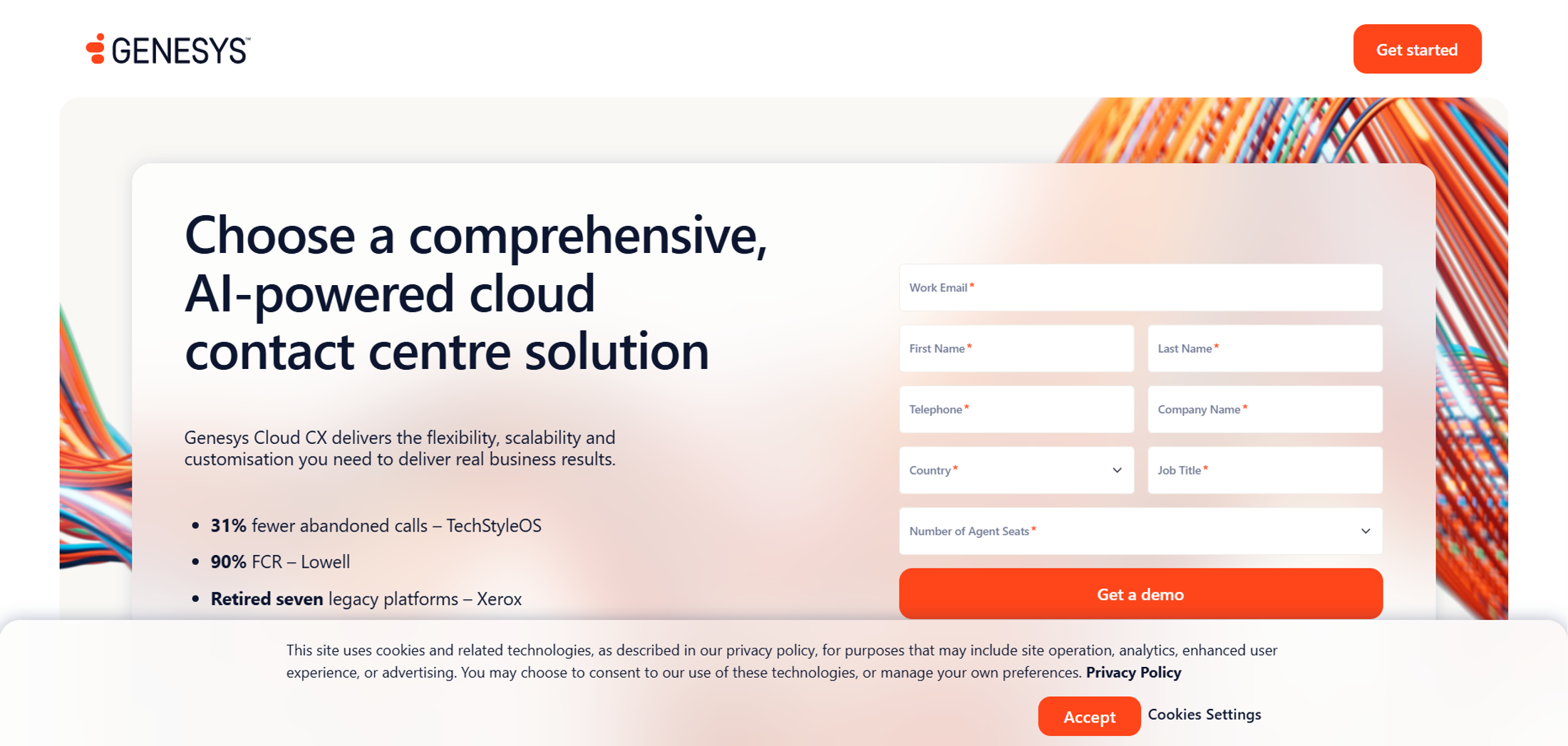 Genesys Cloud CX page showing an AI-powered cloud contact center solution with demo form and enterprise proof points for buyers.