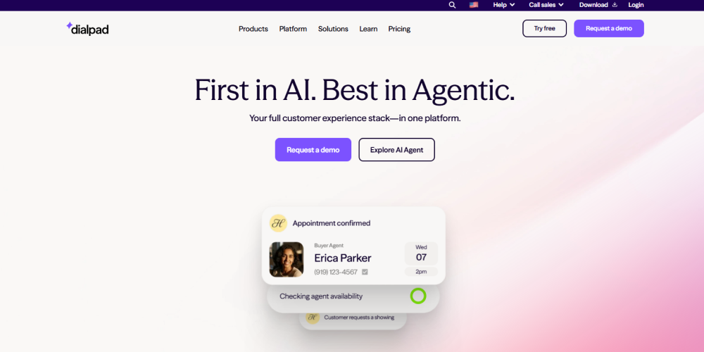 Screenshot of Dialpad Support’s website used in a conversational AI platform comparison, showing its AI-powered customer support and contact center capabilities.