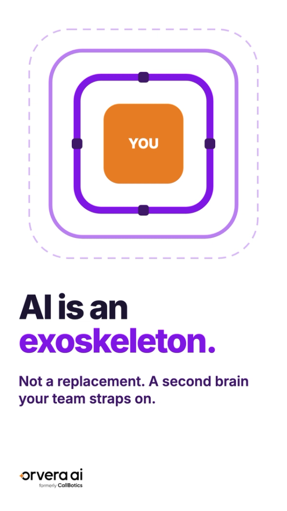 Vertical Orvera AI thumbnail with the headline "AI is an exoskeleton." and an orange core labelled YOU wrapped in structural purple frames.