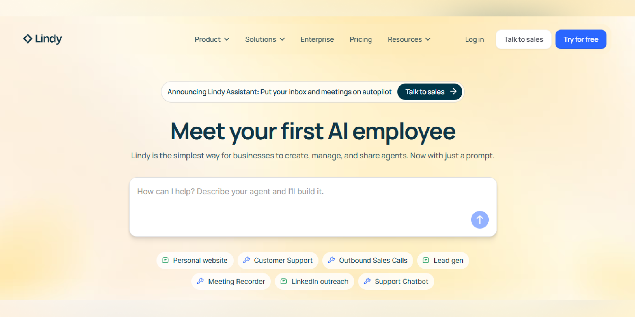 Lindy AI platform homepage promoting AI employees and automated business workflows for meetings, outreach, customer support, and productivity tasks.