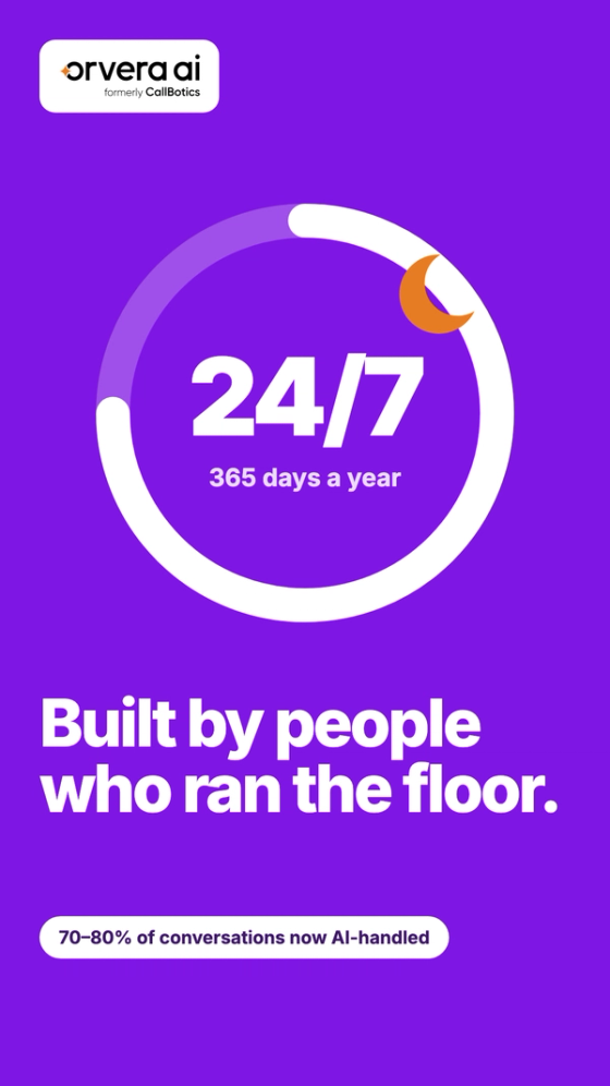 Vertical Orvera AI thumbnail with the headline "Built by people who ran the floor." and a 24/7 ring with a crescent moon on purple.