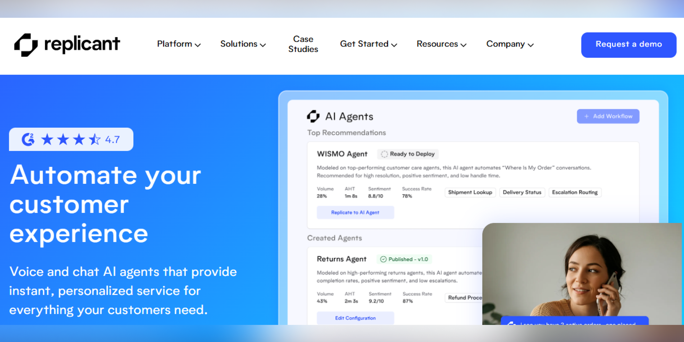Replicant AI customer experience platform showcasing voice and chat AI agents for automated customer support and service workflows.