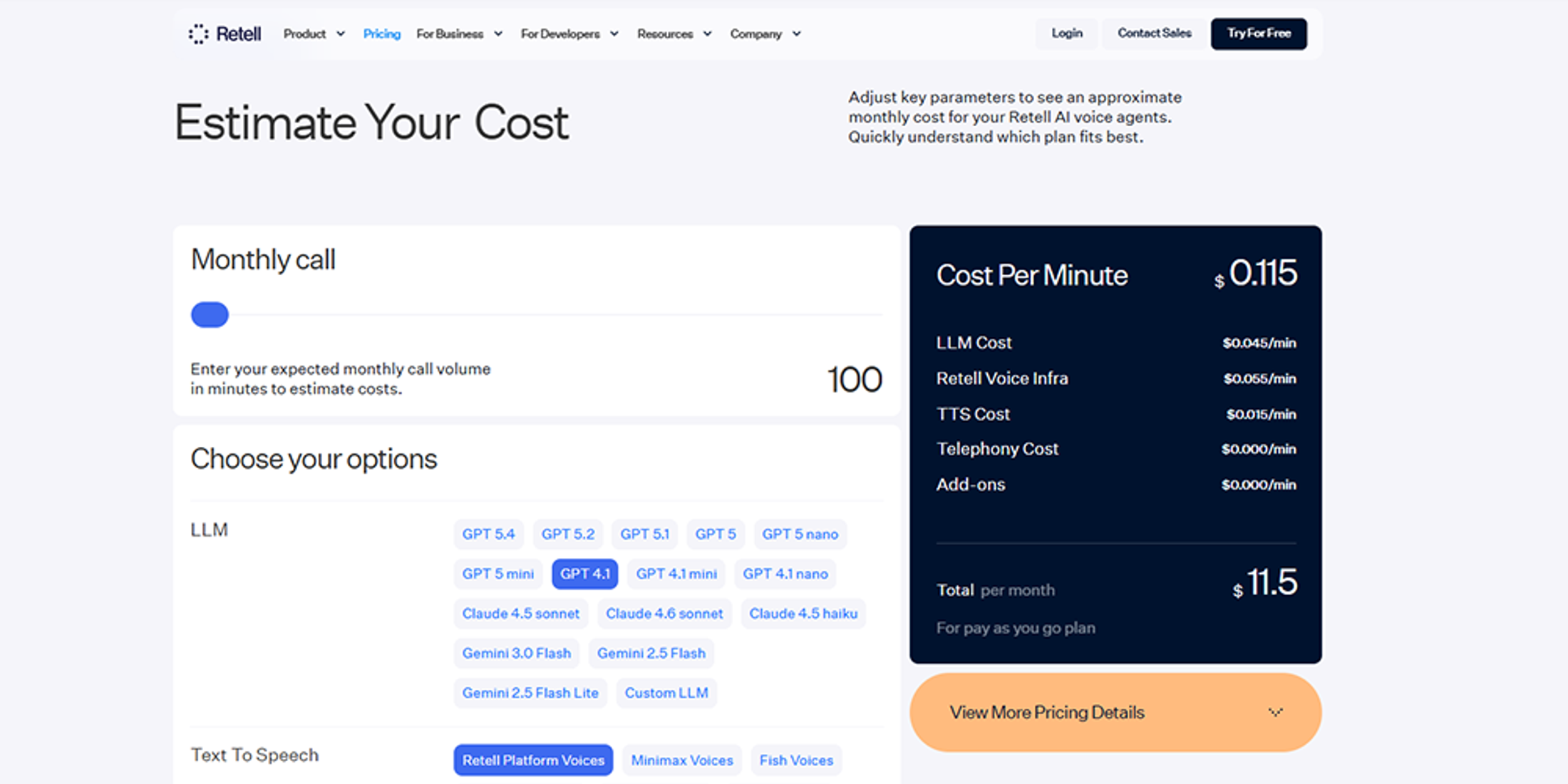 Retell AI Cost Calculator 