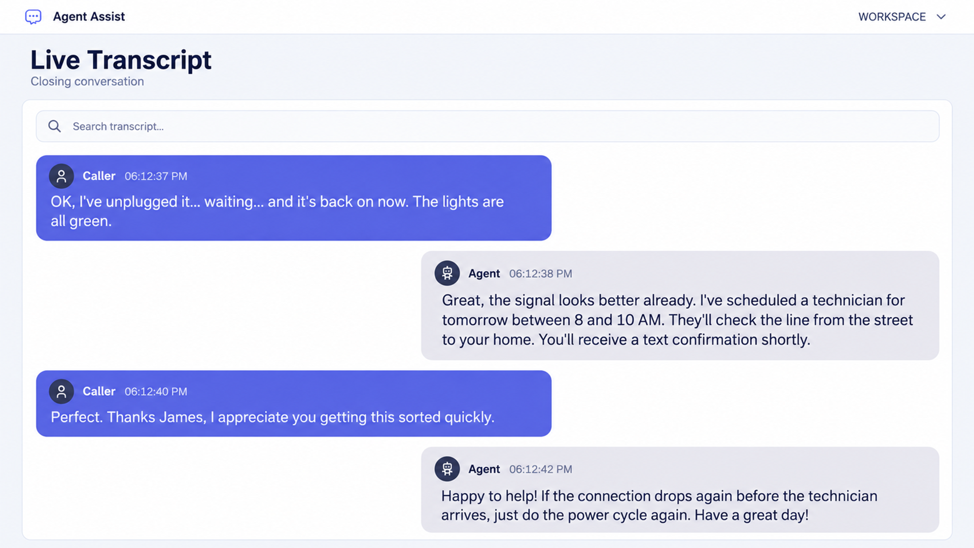 Orvera Agent Assist closing transcript showing restored connectivity after a modem restart and the agent describing a technician visit.