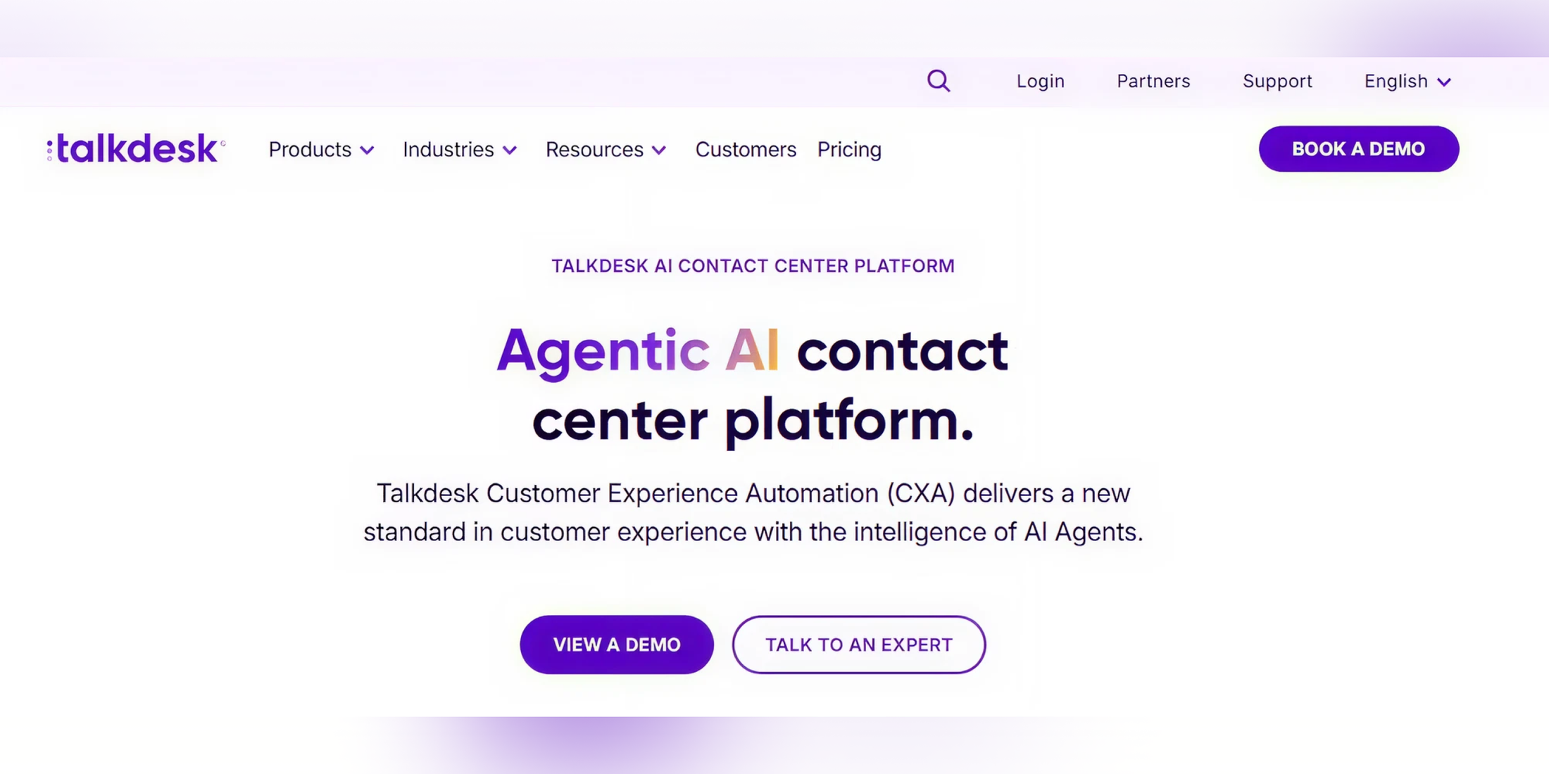Talkdesk AI contact center platform homepage featuring agentic AI customer experience automation and enterprise contact center technology.