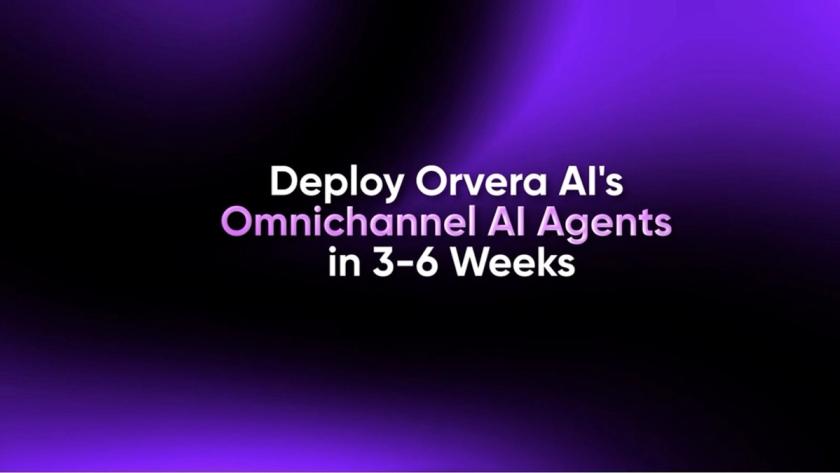 Orvera AI deployment workflow showing omnichannel AI agents moving from discovery and business-specific training to real-world testing and full production launch in three to six weeks.