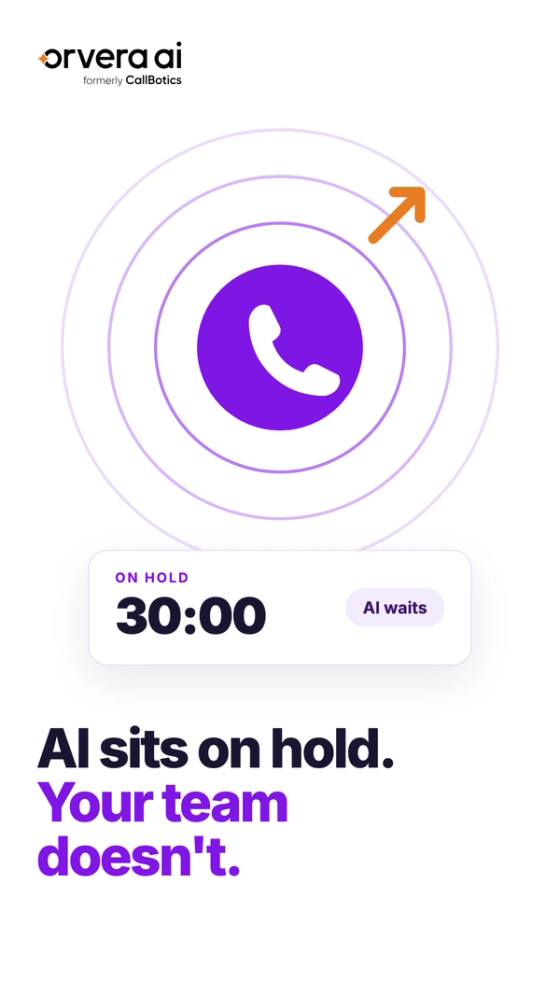Vertical Orvera AI thumbnail with the headline "AI sits on hold. Your team doesn't." and a phone icon radiating outward and an on-hold timer at 30:00.