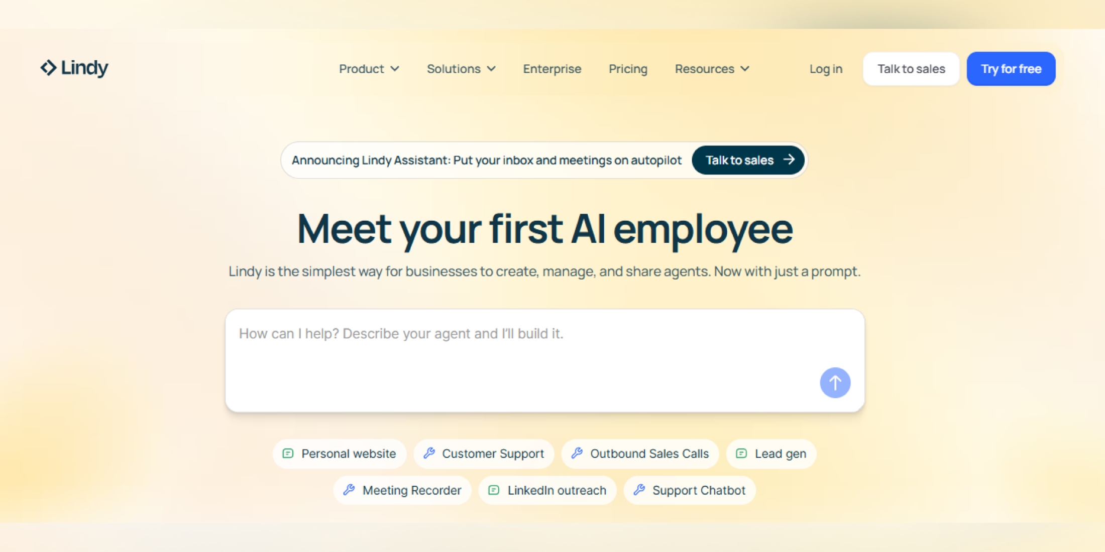Lindy AI assistant platform homepage showcasing AI employees for customer support, outbound sales calls, meeting automation, and workflow management.