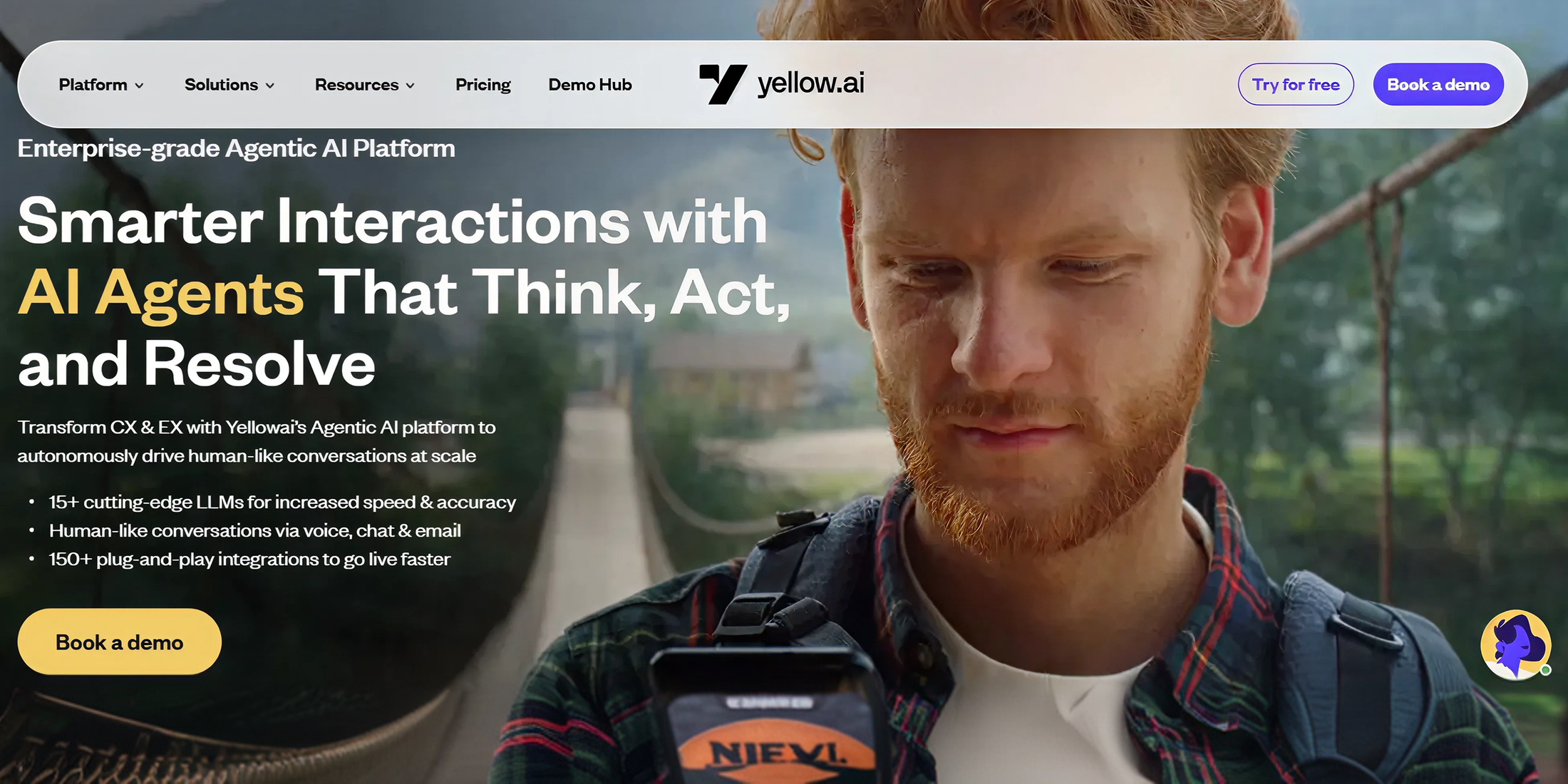 Yellow.ai enterprise AI platform homepage promoting AI agents for customer interactions, conversational automation, and enterprise CX transformation.
