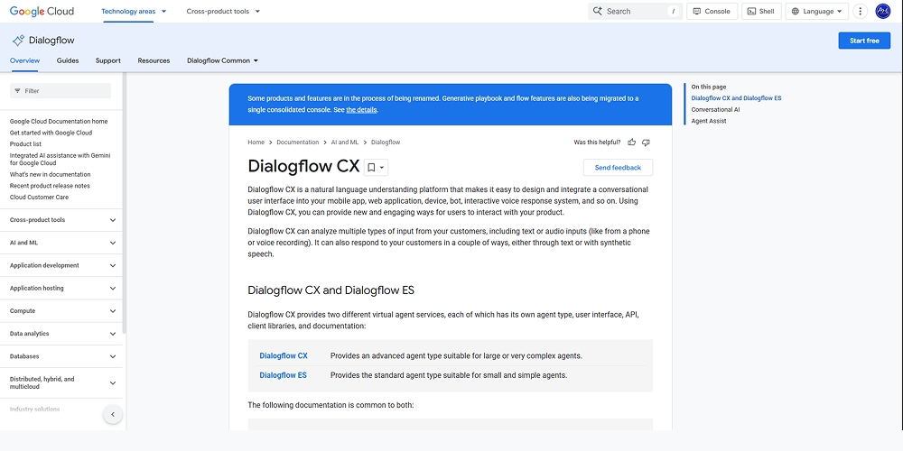 Google Dialogflow CX documentation page showing conversational AI development tools for AI voice assistants and customer interaction automation.