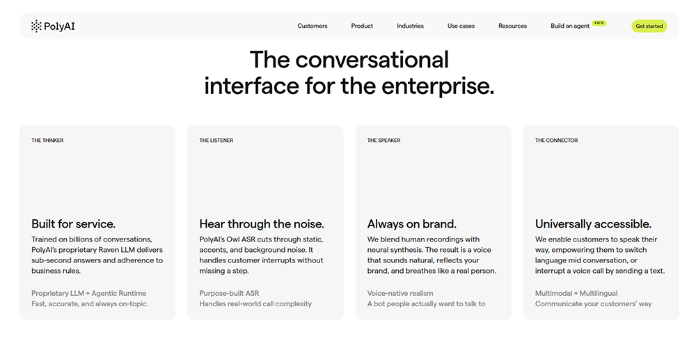 PolyAI enterprise conversational AI platform showing feature cards for service automation, speech understanding, brand-safe voice interactions, and accessible customer communication across channels.