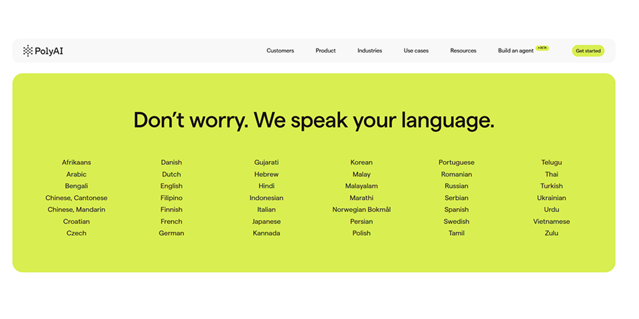 PolyAI multilingual conversational AI platform showing supported customer service languages across voice automation, including English, Spanish, French, German, Hindi, Arabic, Japanese, Mandarin, and more.