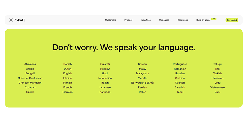 PolyAI multilingual conversational AI platform showing supported customer service languages across voice automation, including English, Spanish, French, German, Hindi, Arabic, Japanese, Mandarin, and more.