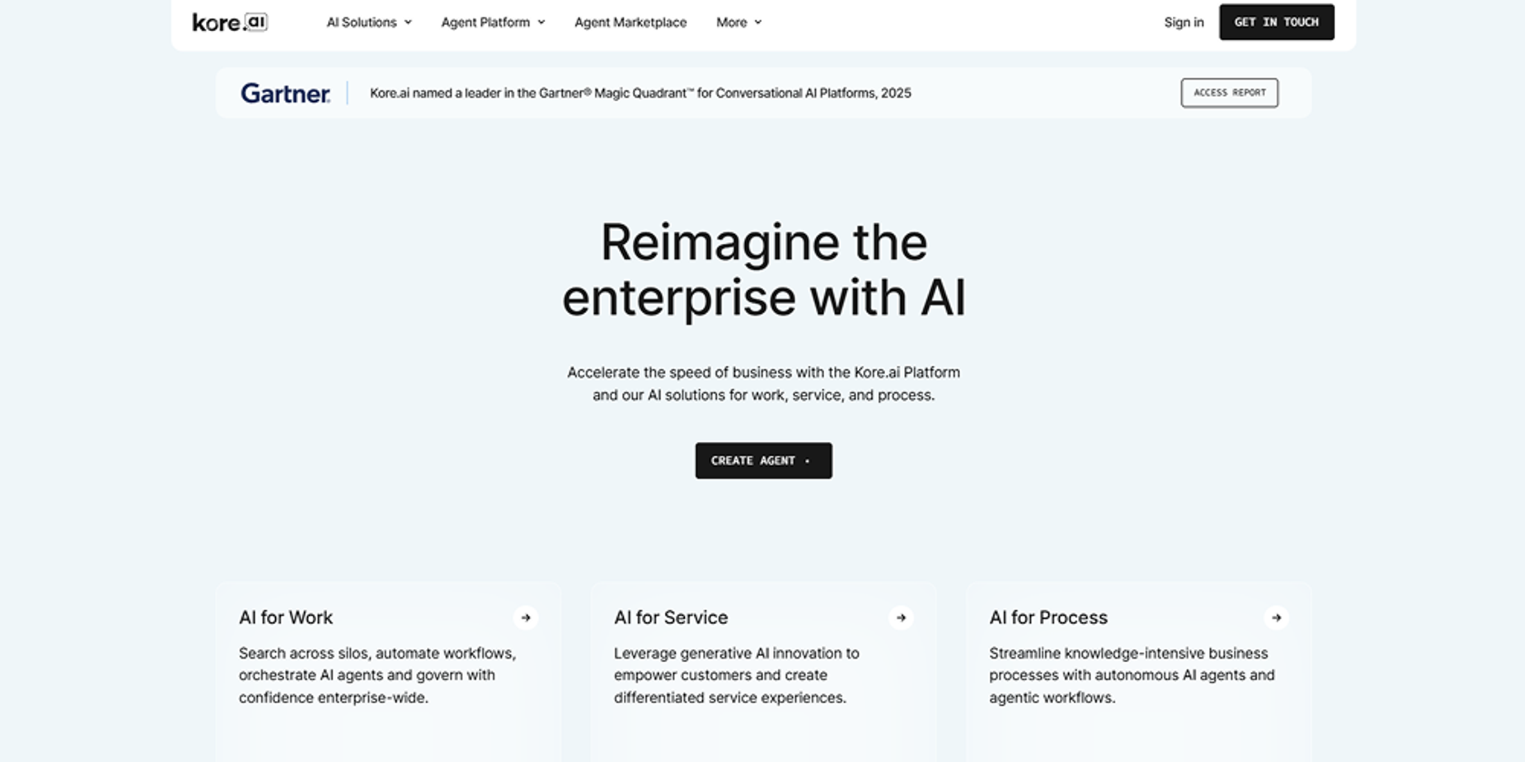 Screenshot of Kore.ai’s website used in a conversational AI platform comparison, showing its enterprise AI platform for customer service, employee support, and workflow automation.