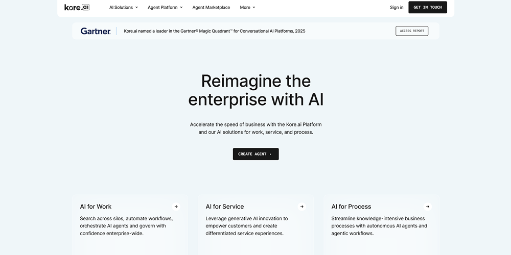 Screenshot of Kore.ai’s website used in a conversational AI platform comparison, showing its enterprise AI platform for customer service, employee support, and workflow automation.