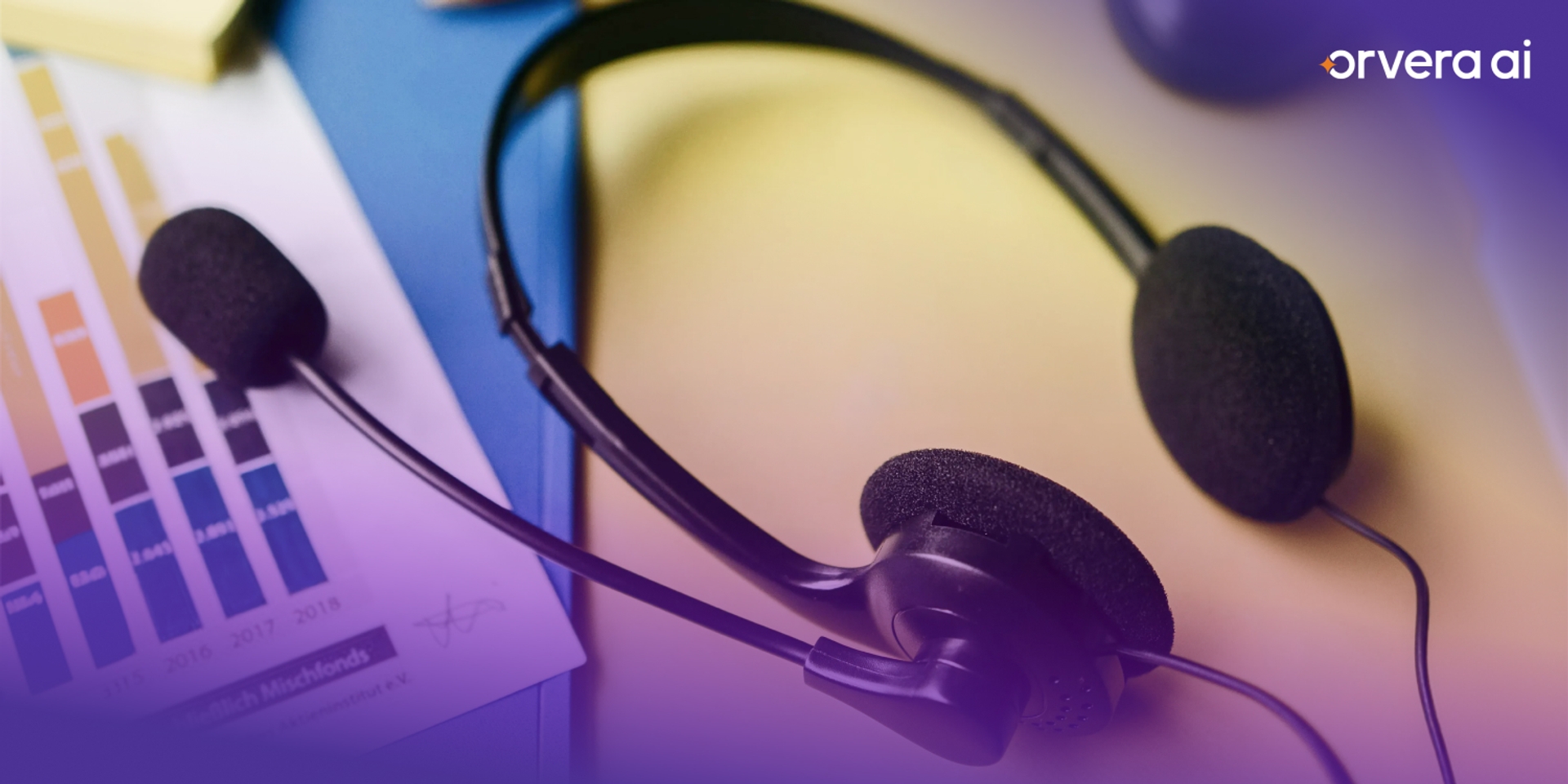 Close-up of a customer service headset placed beside business reports, representing inbound call handling, support operations, and contact center communication.