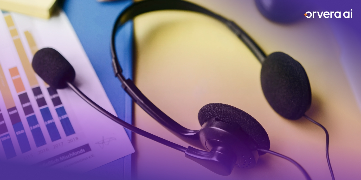 Close-up of a customer service headset placed beside business reports, representing inbound call handling, support operations, and contact center communication.