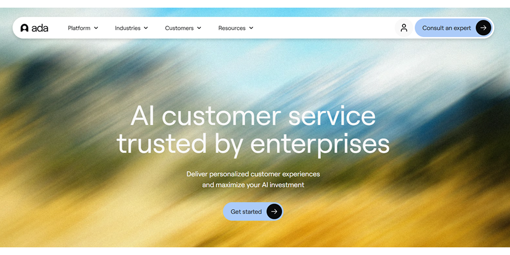 Ada homepage screenshot showing digital support automation for self-service, ticket reduction, customer messaging, and CX teams.