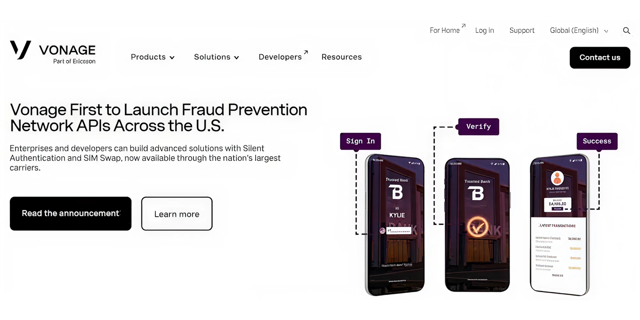 Vonage AI communication platform promoting fraud prevention APIs, programmable voice automation, and enterprise communication solutions.