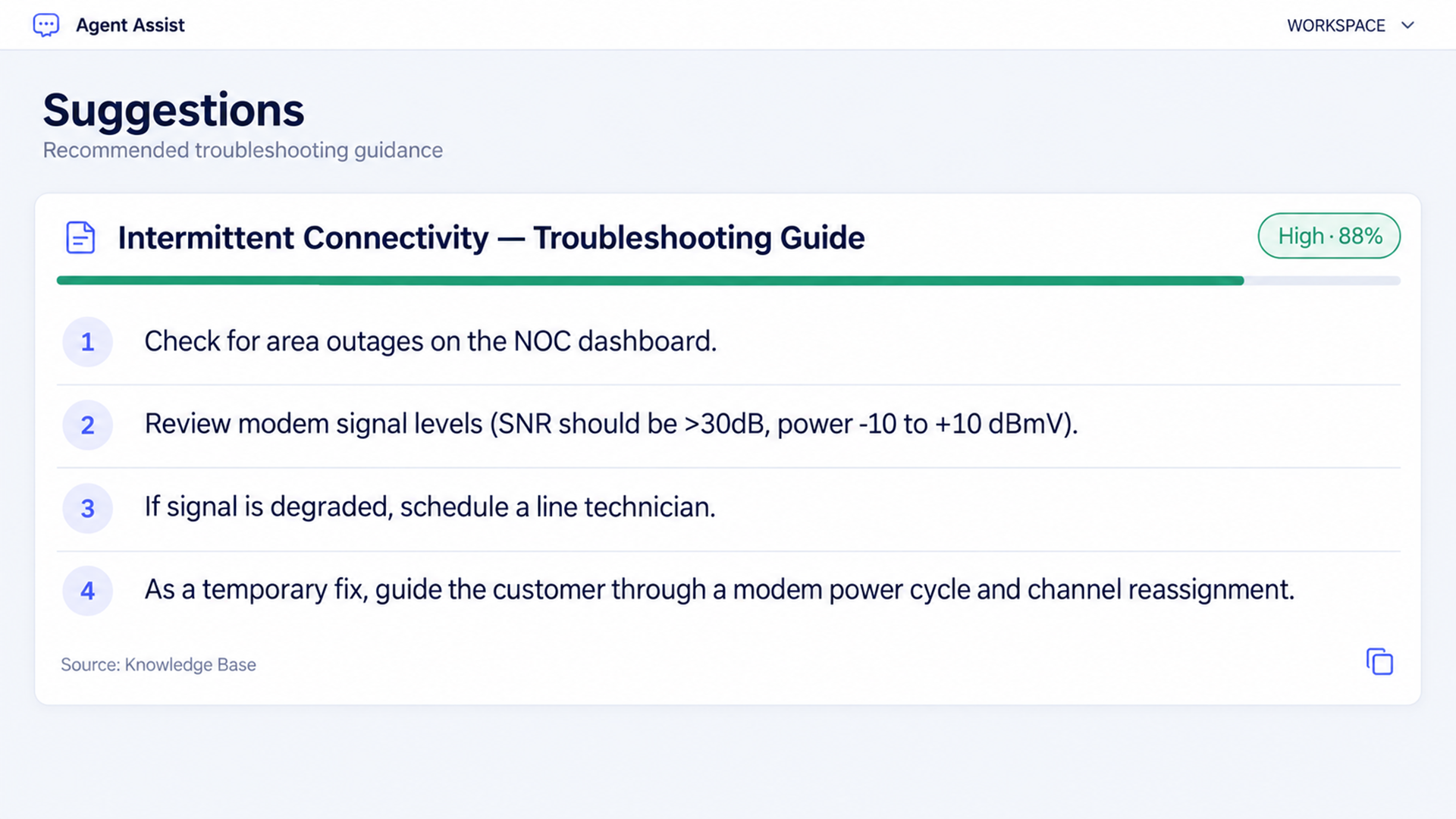 Orvera AI Agent Assist knowledge card showing an approved troubleshooting guide for intermittent internet drops and modem signal checks.