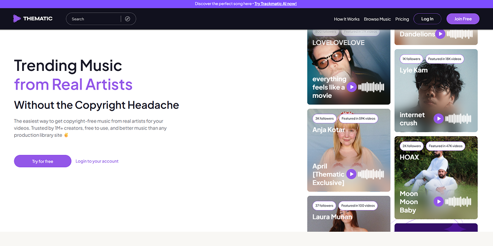 Thematic homepage featuring trending royalty-free music from independent artists, creator-focused discovery tools, and audio content previews.