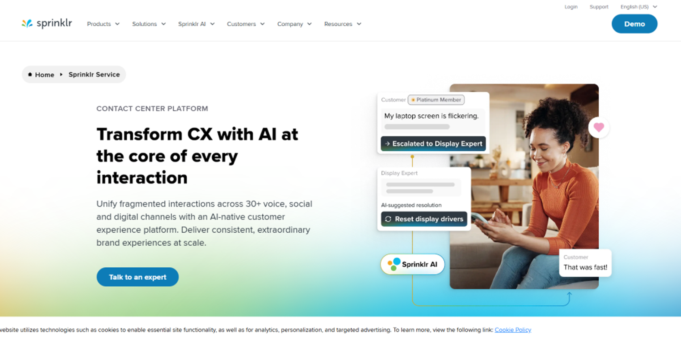 Sprinklr Service homepage presenting AI-powered customer service across voice and digital channels with unified CX management.