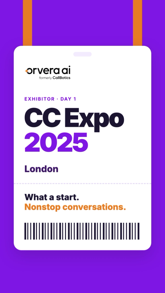 Vertical Orvera AI thumbnail with the headline "What a start." and an event pass reading CC Expo 2025, London, on purple.