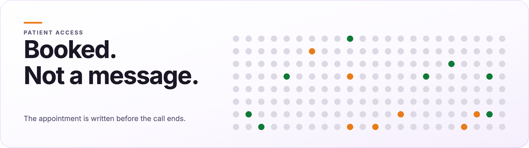 Orvera patient access graphic reading "Booked. Not a message." beside a field of call dots with a few marked.