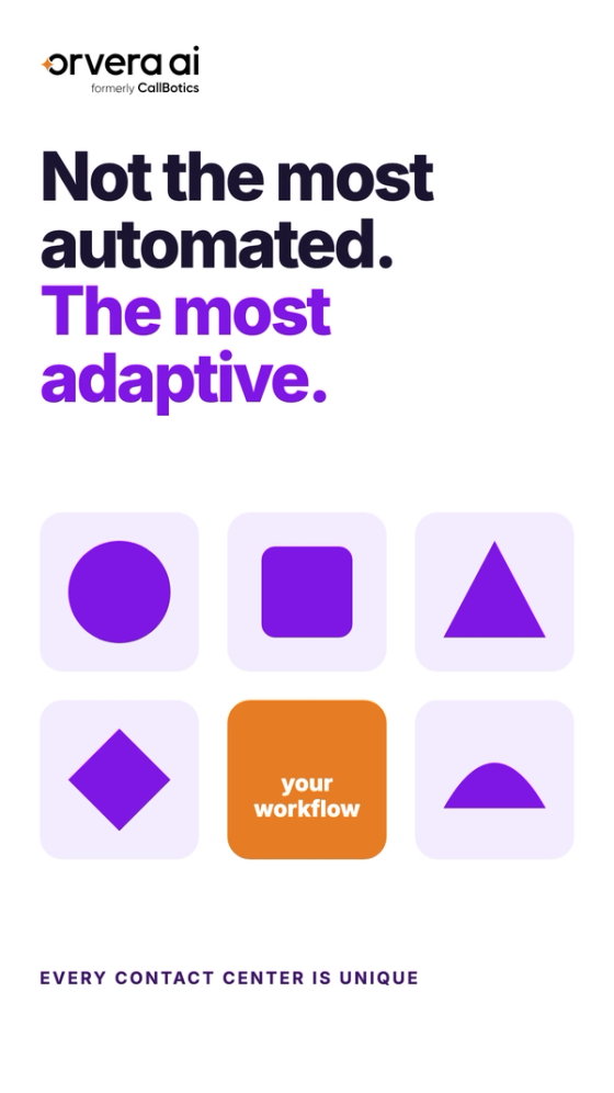 Vertical Orvera AI thumbnail with the headline "Not the most automated. The most adaptive." and a grid of shapes with an orange tile labelled your workflow.