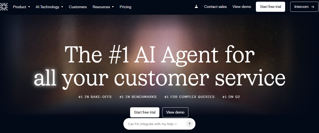 Intercom Fin homepage screenshot showing AI support automation for SaaS teams, knowledge-base answers, and faster ticket resolution.