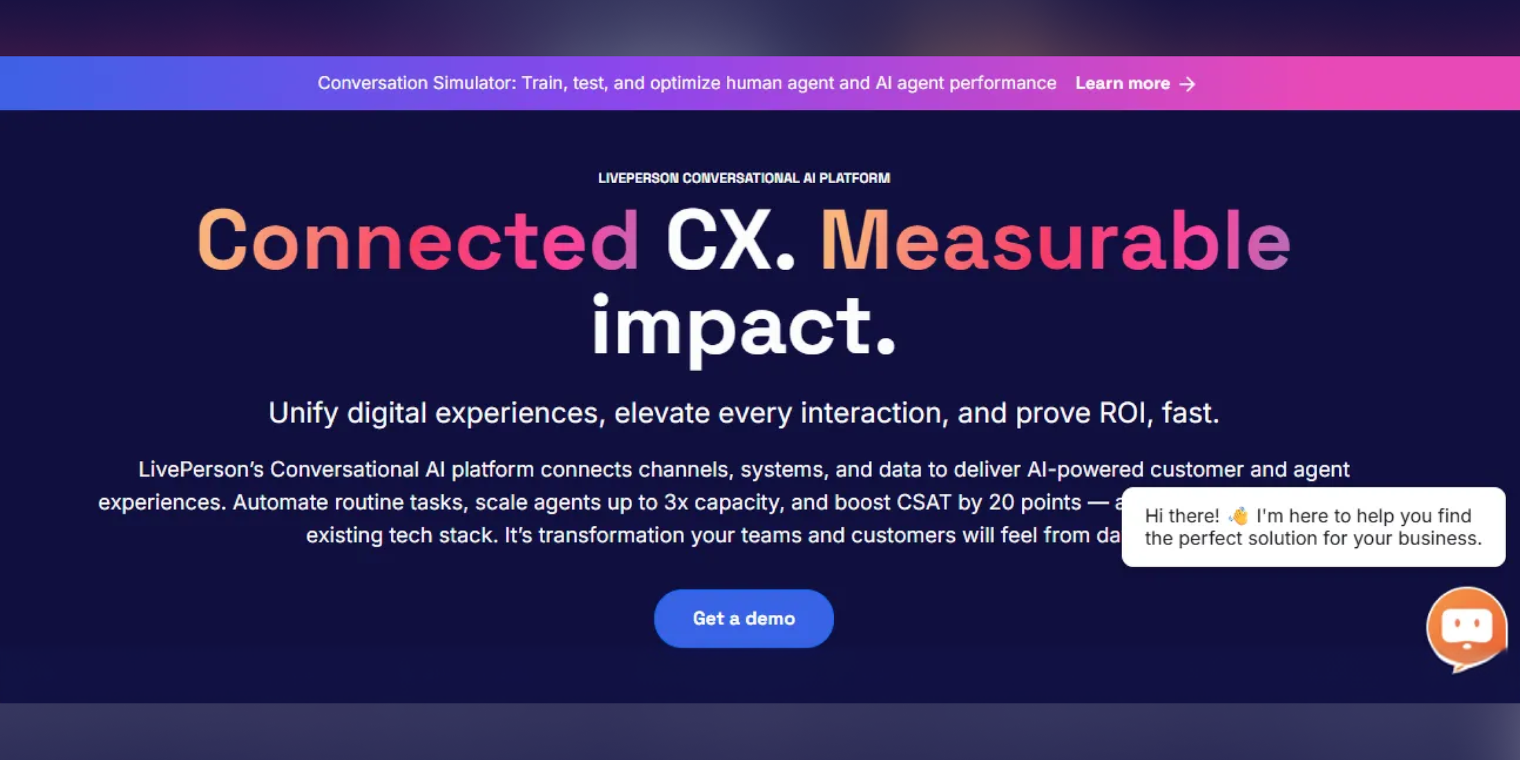 LivePerson conversational AI platform homepage focused on connected customer experience, measurable impact, and AI-powered digital engagement.