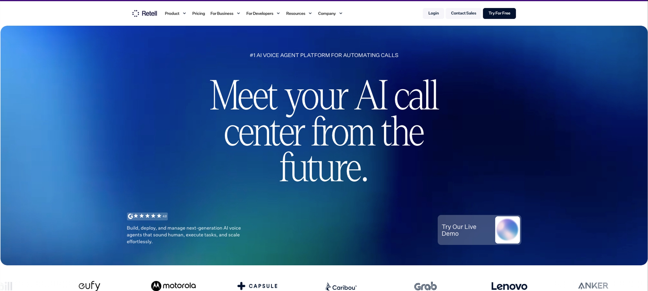 Retell AI call center automation platform showing AI voice agents for automated calls, natural phone conversations, and scalable customer support workflows.