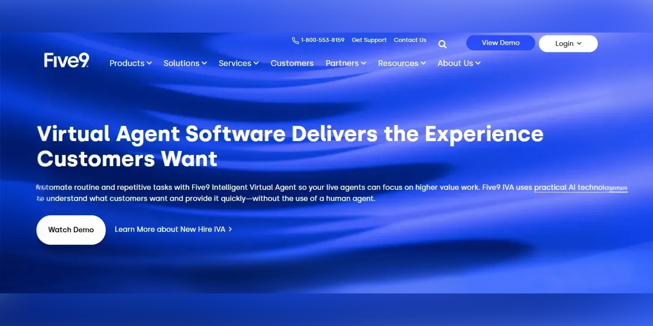 Five9 virtual agent software homepage promoting AI-powered customer service automation and intelligent virtual agents for contact centers.
