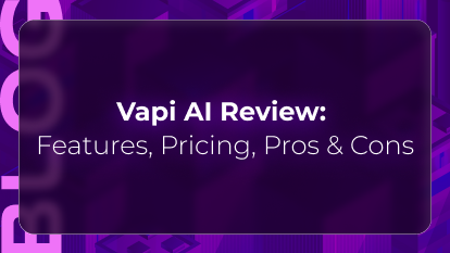Thumbnail graphic for “Vapi AI Review: Features, Pricing, Pros & Cons,” featuring a purple abstract design and blog title text for a review of Vapi AI’s voice agent platform.